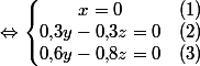 \Leftrightarrow\left\{\begin{matrix}x=0&(1)\\0{,}3y-0{,}3z=0&(2)\\0{,}6y-0{,}8z=0&(3)\end{matrix}\right.
